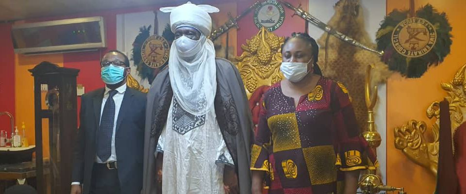 Dr. Obi Adigwe, Director General, NIPRD with HRH the Emir of Jiwa Chiefdom, Dr. Alh. Musa Idrisu. Ably accompanied by Mrs Mojisola Giman, Director, Administration & Supplies, NIPRD